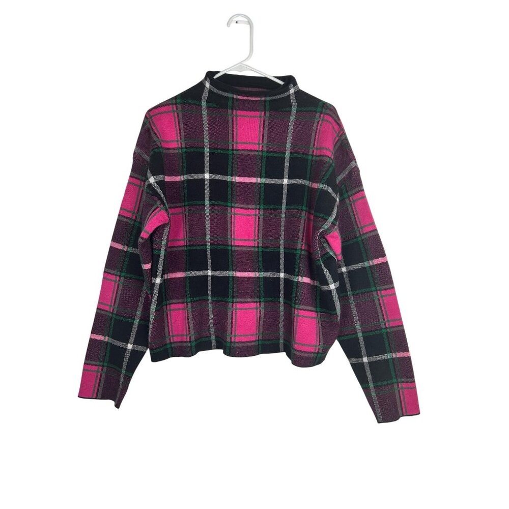 Tahari Womens Plaid Pink & Black High Neck Sweater Rayon/Viscose Blend Large